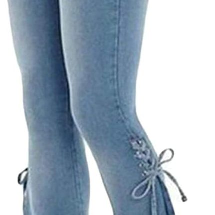 Women's Lace-up Bell Bottom Denim Pants Mid Waist Stretchy Flare Juniors Jeans Trouser Leggings